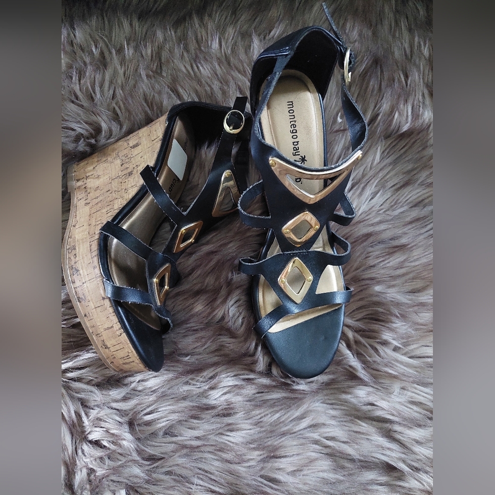 Montego Bay Club Black and Gold Women's Wedge Sandals